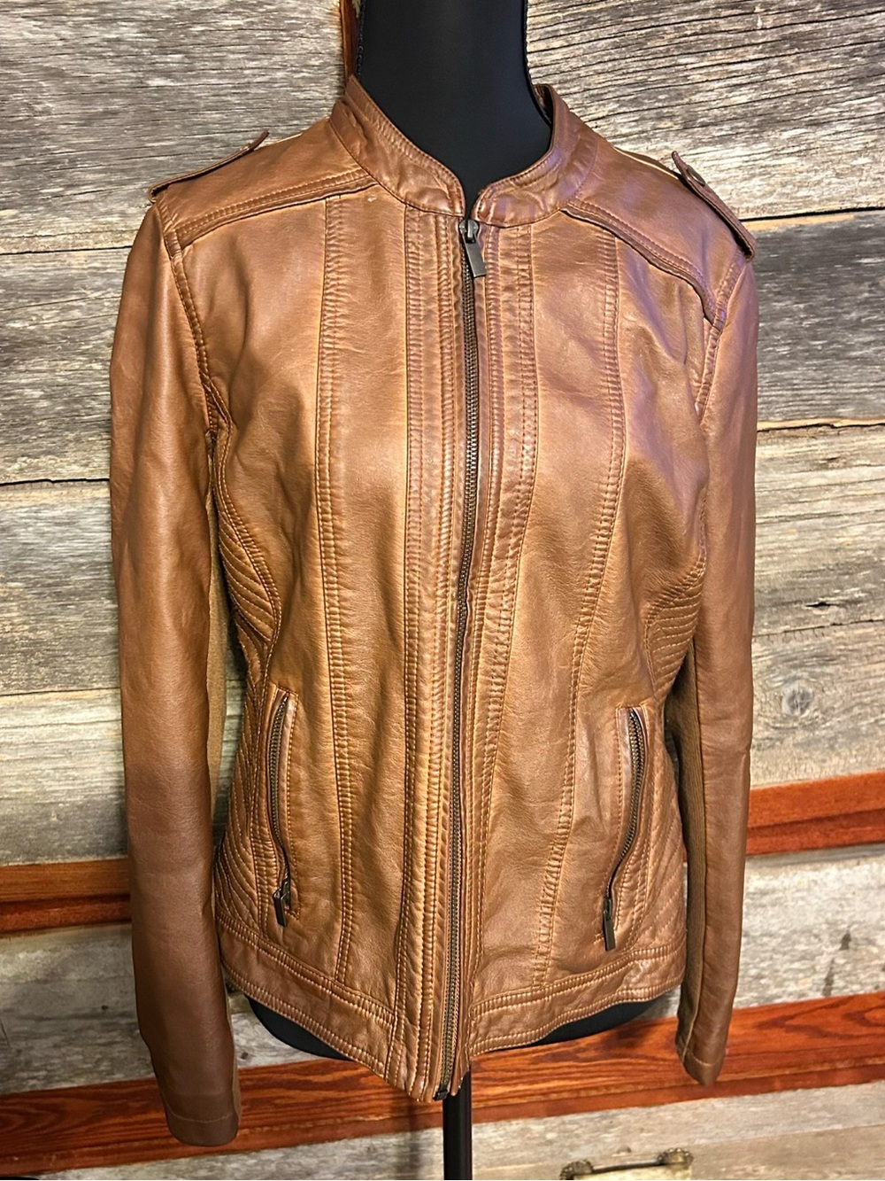 NWT Maurices Tan Faux Leather Jacket with Fitted Silhouette and Seam Details Med